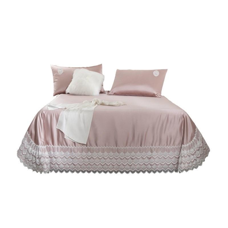 夏季珍珠丝凉席1.5米1.8m床轻奢甜美粉色蕾丝花边床单款冰丝凉席