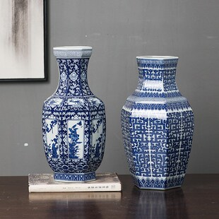 仿古手绘青花瓷花瓶摆件中式古香古色客厅陶瓷花瓶新中式花瓶摆件