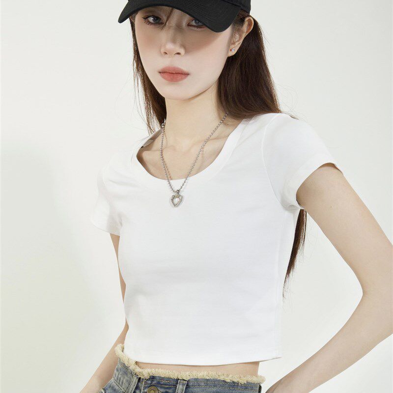 白色短袖t恤女2024夏短款辣妹体桖纯欲显瘦紧身打底衫内搭上衣女