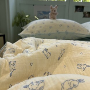 母婴级少女心小蓝兔豆豆边皱皱双层纱夏凉被四件W套全棉空调被