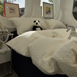 少女心简约泡泡纱混搭床上四件套全棉1I.5m1.8被套床单三件套