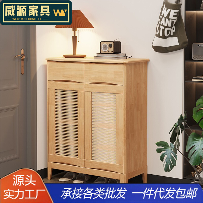 日式简约藤编鞋柜实木家用门口超薄玄关柜小户型大容量收纳门厅柜