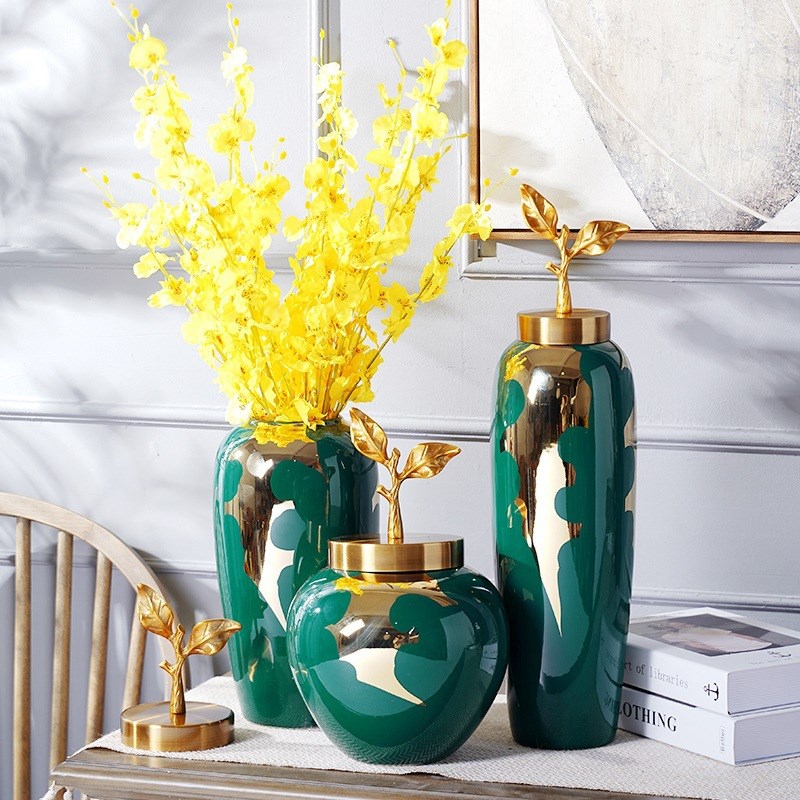 欧式手工落地大花瓶酒店大厅简约饰品花艺摆件优雅家居鎏金三件套