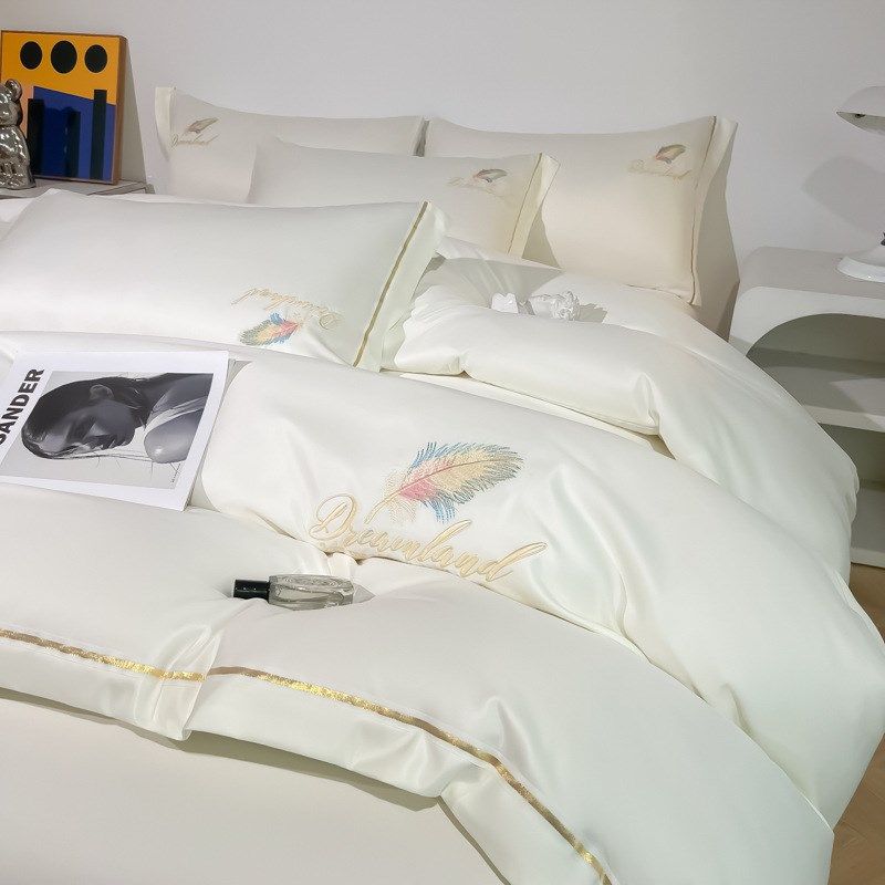 羽毛刺绣冰丝四件套夏季丝滑床单被套冰丝床上用品三件套简约纯色,床上用品,床品套件/四件套/多件套,淘宝优惠券,粉丝福利购,淘宝优惠卷