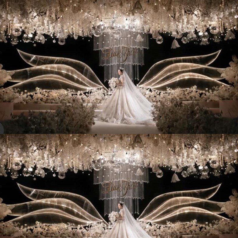 新款婚礼铁艺发光背景阳光板舞台摆件迎宾区天使之翼屏风婚庆道具