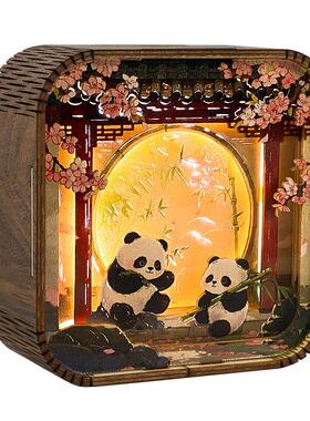 熊猫元素创意桌面装饰摆件文创工艺礼品旅游景区纪念品定制木雕灯