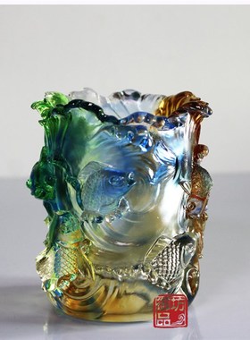 御品坊 琉璃摆件欢喜有余笔筒鱼工艺品创意摆件R生日礼物实用礼品