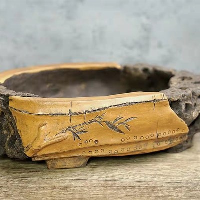 紫砂全手仿古异形竹段花盆  石竹盆手工刻绘Q创意 古朴文人博古