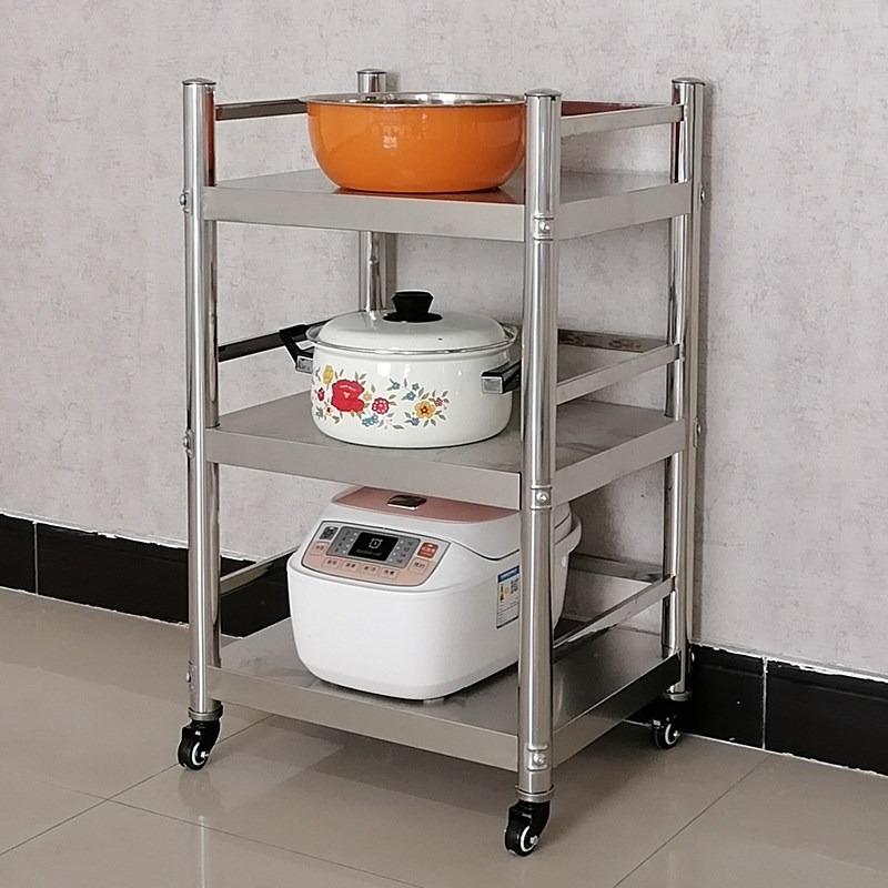 带轮可移动厨房用品收纳架不锈钢B三层置物架家用放锅菜电饭煲货