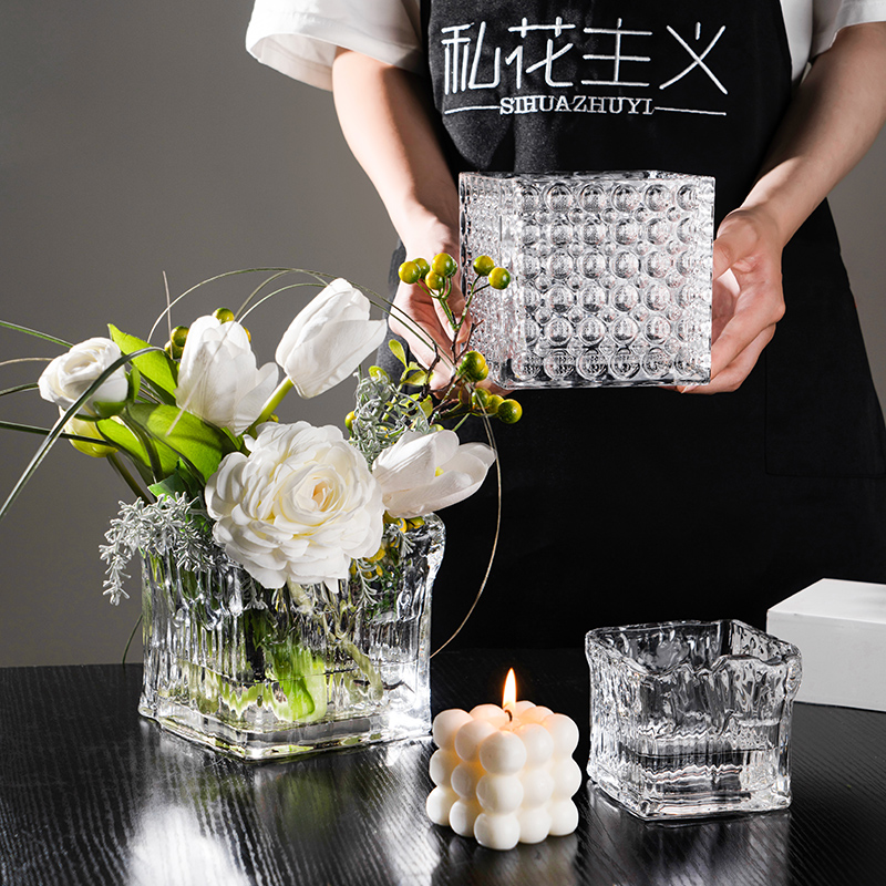 冰川纹方缸创f意正方形烛台水培绿植物铜钱草白掌绿萝水养玻璃花