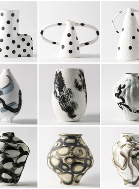 简约创意条纹陶k瓷花器摆件样板间酒店书房营销中心装饰摆放