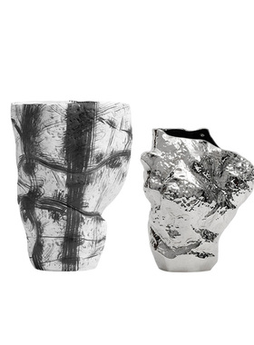 创意中式黑白电镀银铜色陶瓷花瓶桌面摆件客厅样板U间异形花器摆