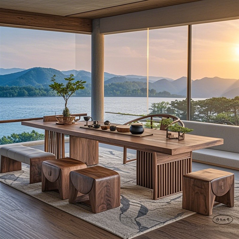 2025新中式休闲白蜡木黑胡桃茶桌椅组合会所酒店民X宿办公室茶台