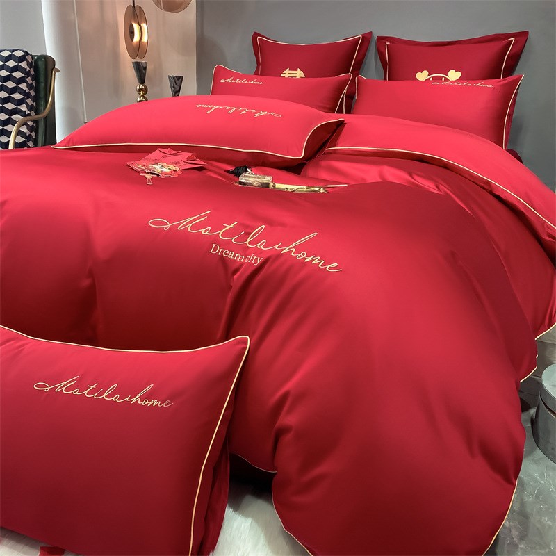 高档婚庆床上用品四件套大红色水洗棉喜被婚被套床单婚房结婚喜庆
