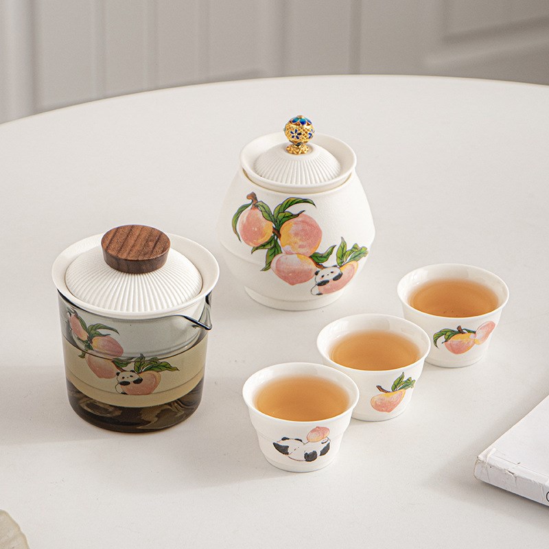 淘气满满熊猫寿桃旅行茶具精致便携式旅行户外泡茶壶快客杯全套