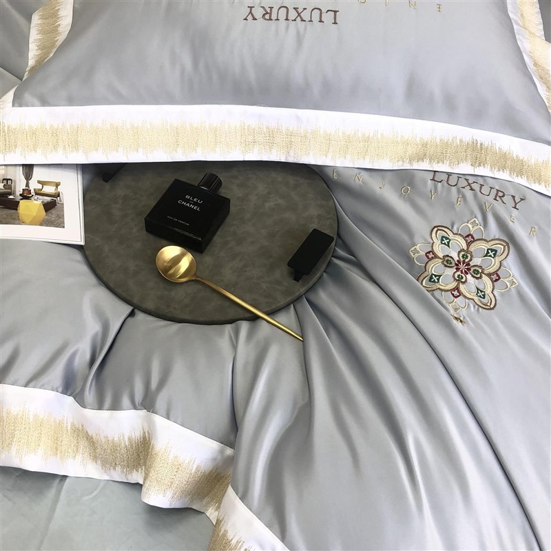 双面冰丝四件套简约春夏季刺绣被套丝滑凉感床单时尚床上用品