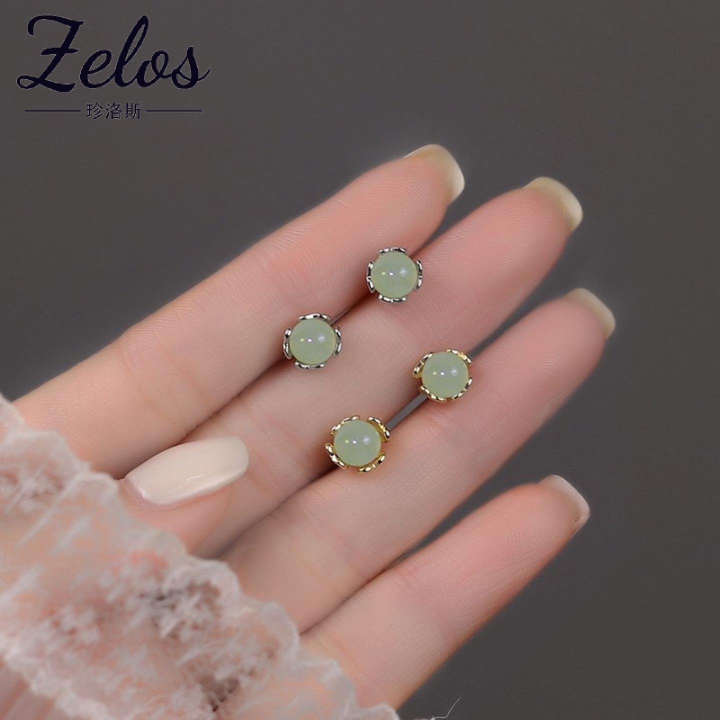 S999足银复古耳钉女轻奢绿饰