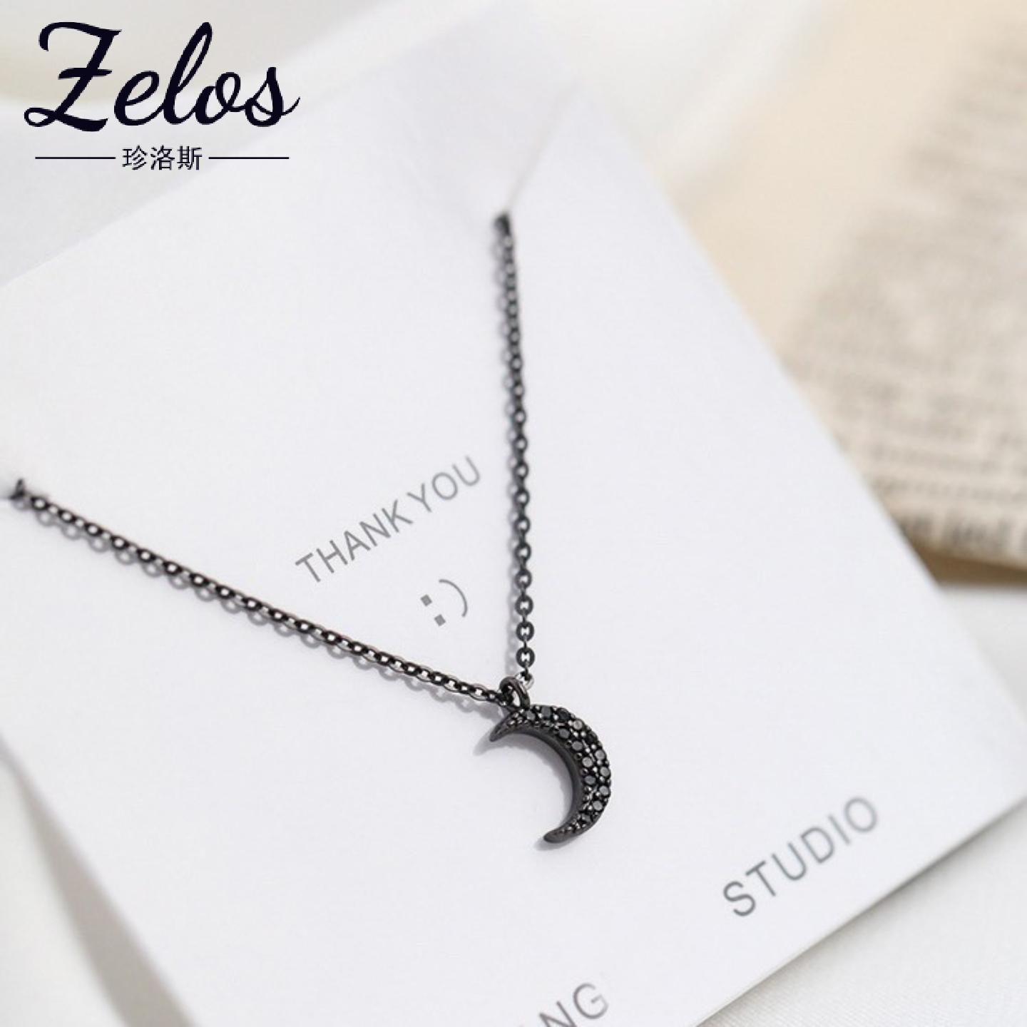 s925纯银黑色月牙项链韩版简约时尚冷淡风气质网红锁骨链女送闺蜜