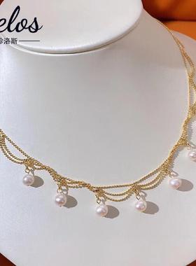 国潮宫廷风天然淡水珍珠项链 法式多珠颈链14k注金蕾丝梦帘项链女