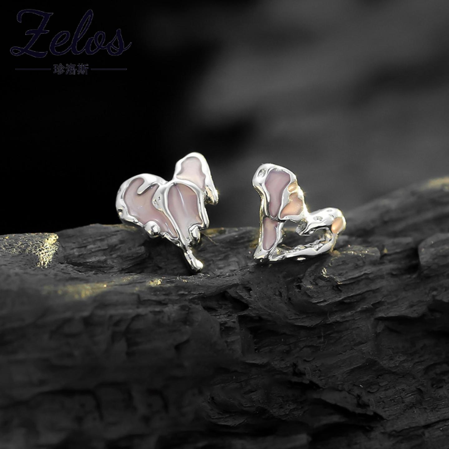 足银熔岩爱心粉耳钉女款