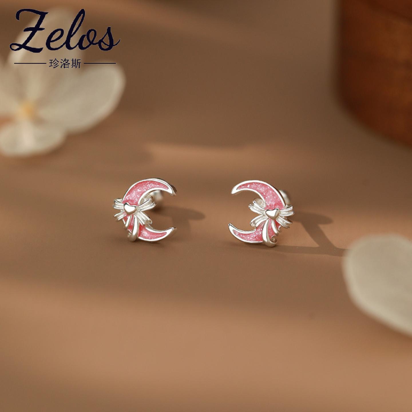 S999足银月亮蝴蝶结耳钉女