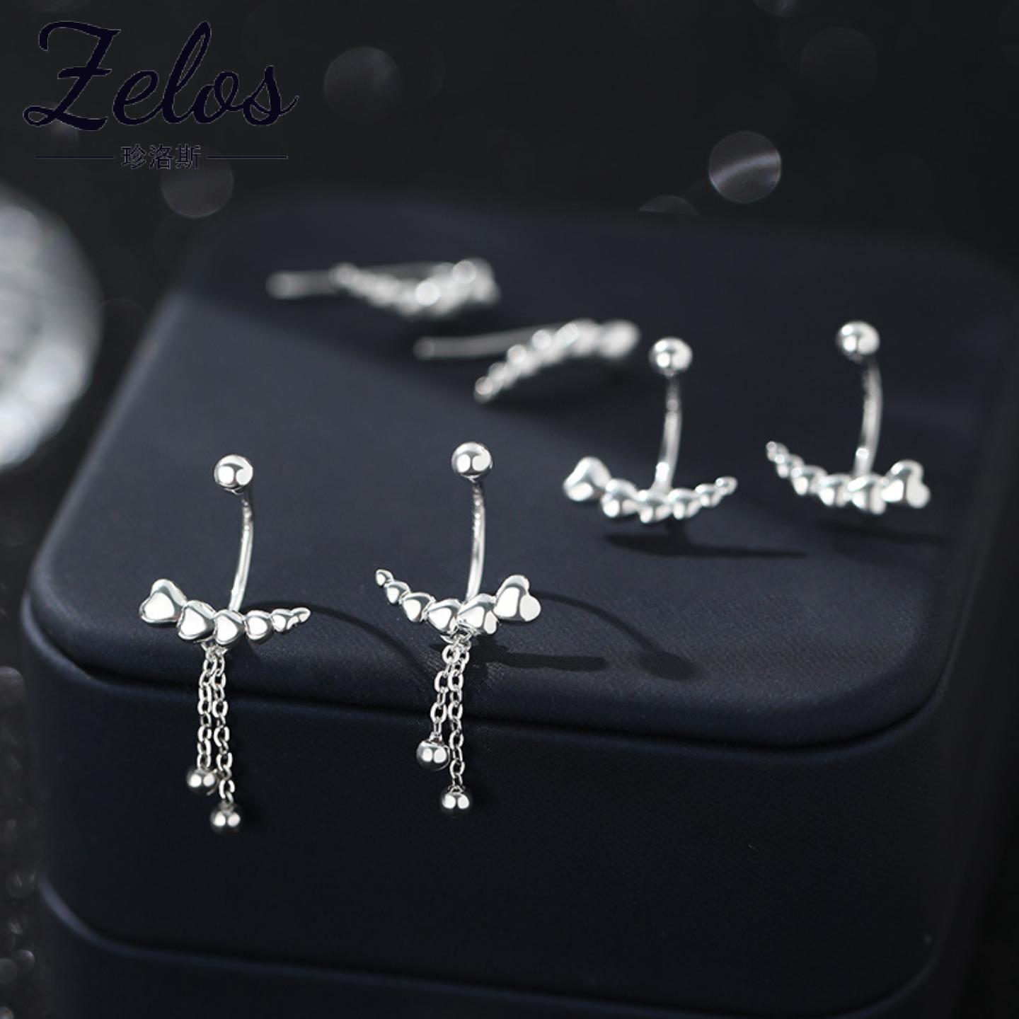 阿宝S999足银爱心U型流苏螺丝耳钉新款设计清新韩风简约耳饰