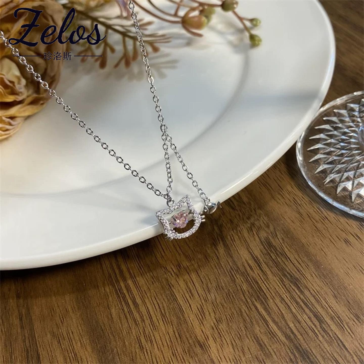 S999纯银粉色小猫咪项链女生新款轻奢小众高级感设计锁骨链送闺蜜