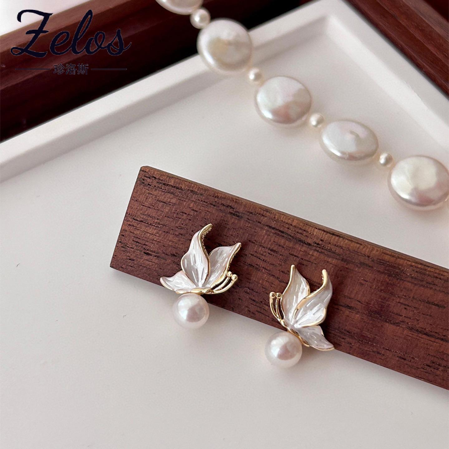 S925银针珍珠蝴蝶耳环女款