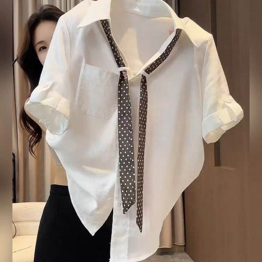 欧货白色麻飘带翻领领带短袖衬衫女夏季新款宽松显瘦透气衬衣薄