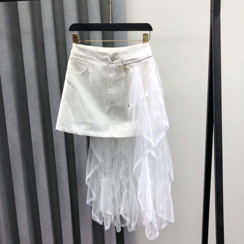 个性白色高腰休闲网纱拼接短裙女夏季时尚潮流不规则中长半身裙子