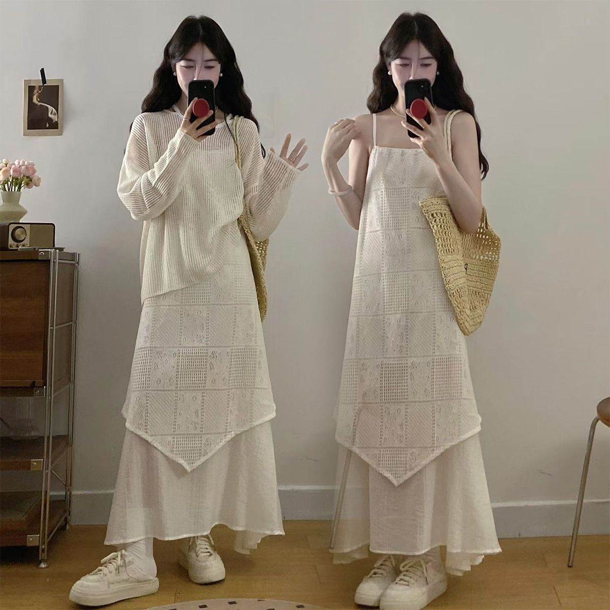 大码法式吊带连衣裙套装女夏胖遮肚藏肉梨形身材穿搭罩衫两件套