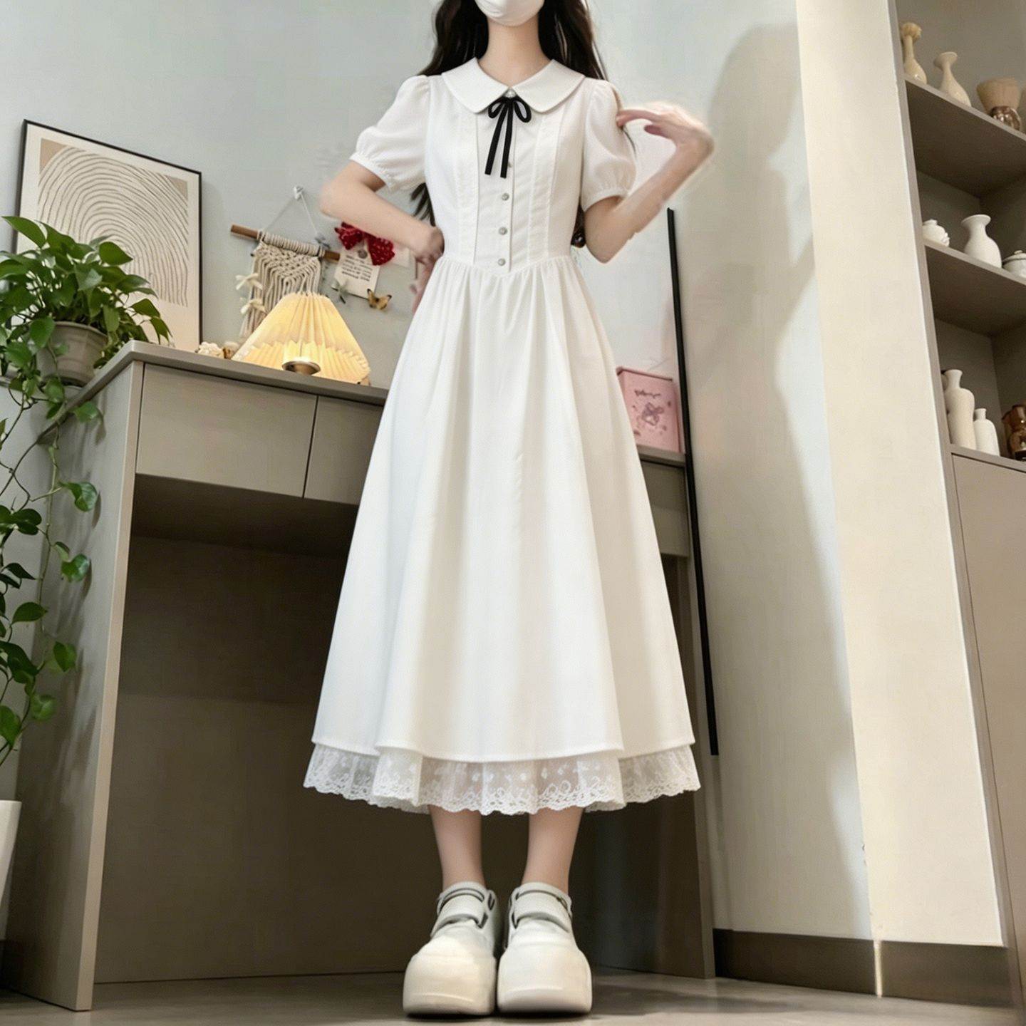 娃娃领蝴蝶结少女连衣裙女大童夏季初高中学生学院风甜美过膝裙子