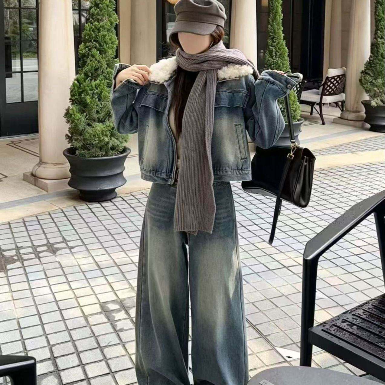 冬季新品韩版时尚简约毛毛翻领牛仔外套阔腿长裤气质网红两件套潮