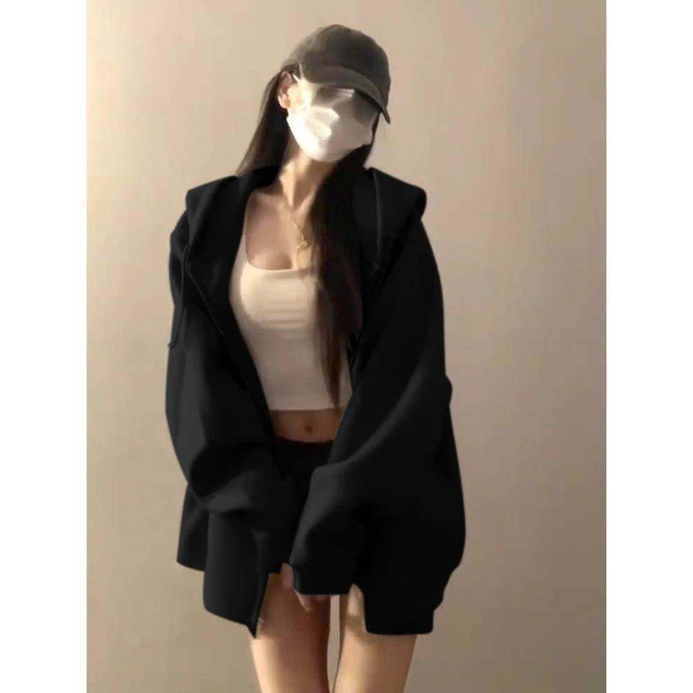 复古黑色宽松休闲开衫卫衣女春季新款慵懒风简约百搭情侣连帽外套