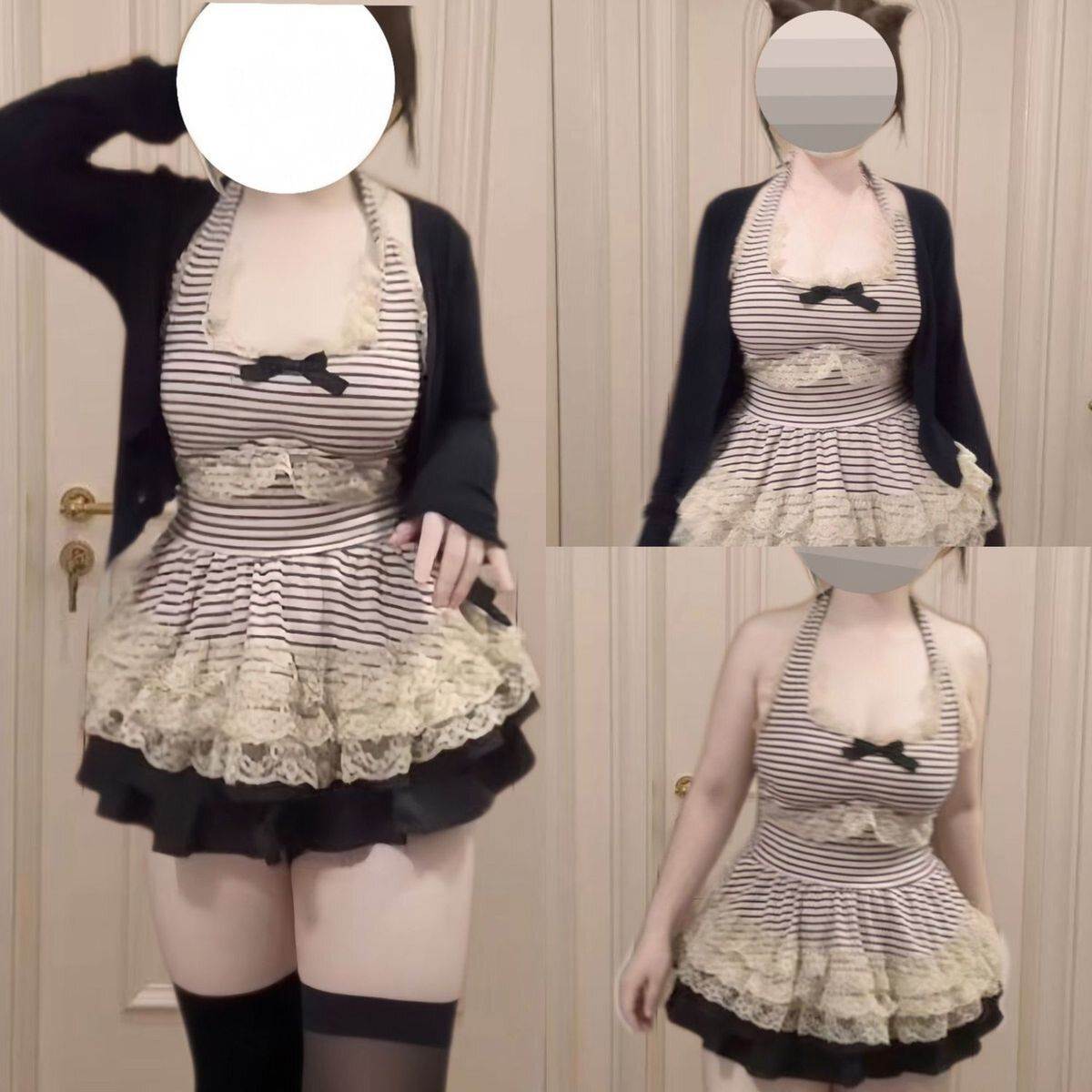 大码三件套装女纯欲风显瘦蕾丝条纹挂脖绑带上衣开衫半身裙微胖