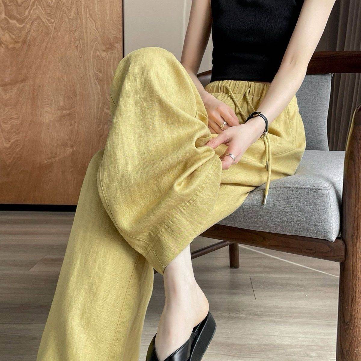 冰丝棉麻阔腿裤女夏薄款2026新款薄款莱赛尔天丝亚麻苎麻黄色裤子