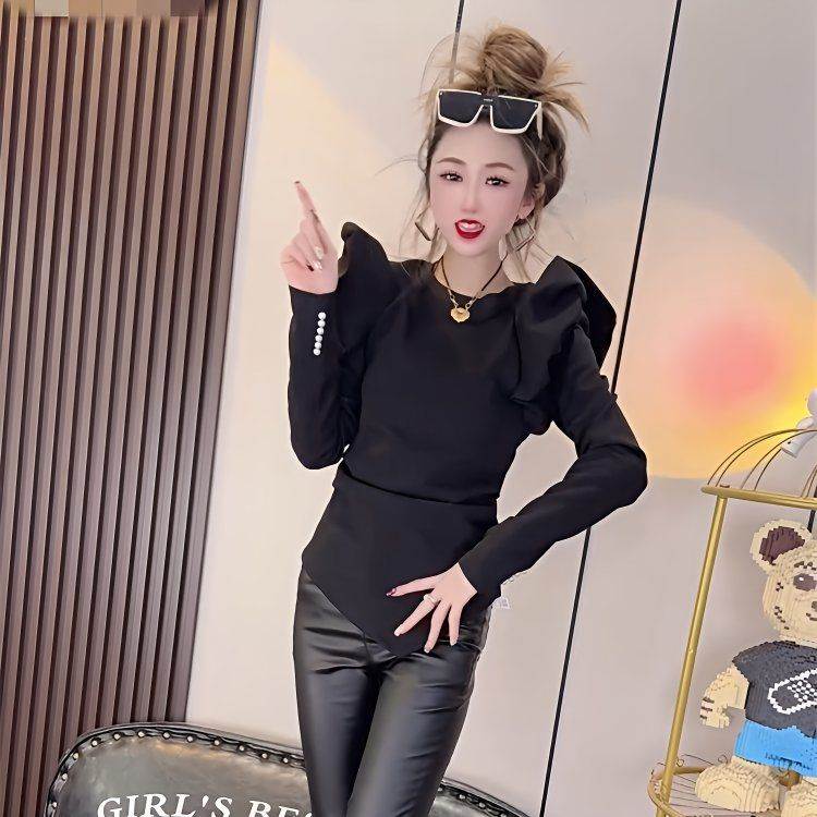 长袖打底泡泡恤女2026新款洋气减龄圆领修身显瘦不规则斜巾上衣