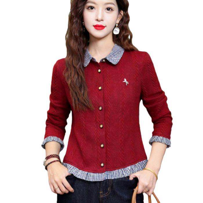 时尚格子拼接假两件长袖衬衫女2026春季新款洋气宽松显瘦百搭上衣