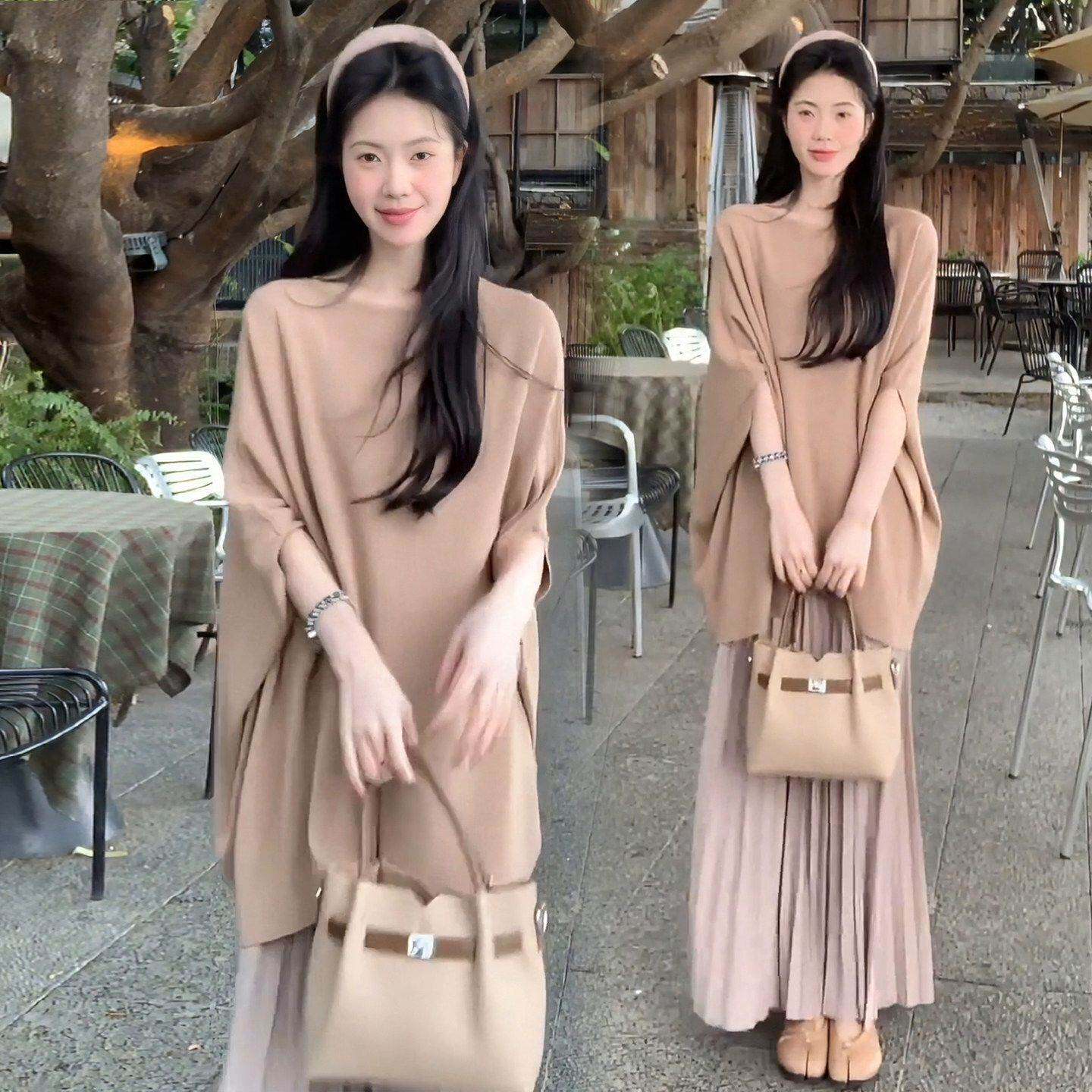 时尚套装裙女2026春夏新款蝙蝠袖显瘦针织衫上衣百褶半身裙两件套