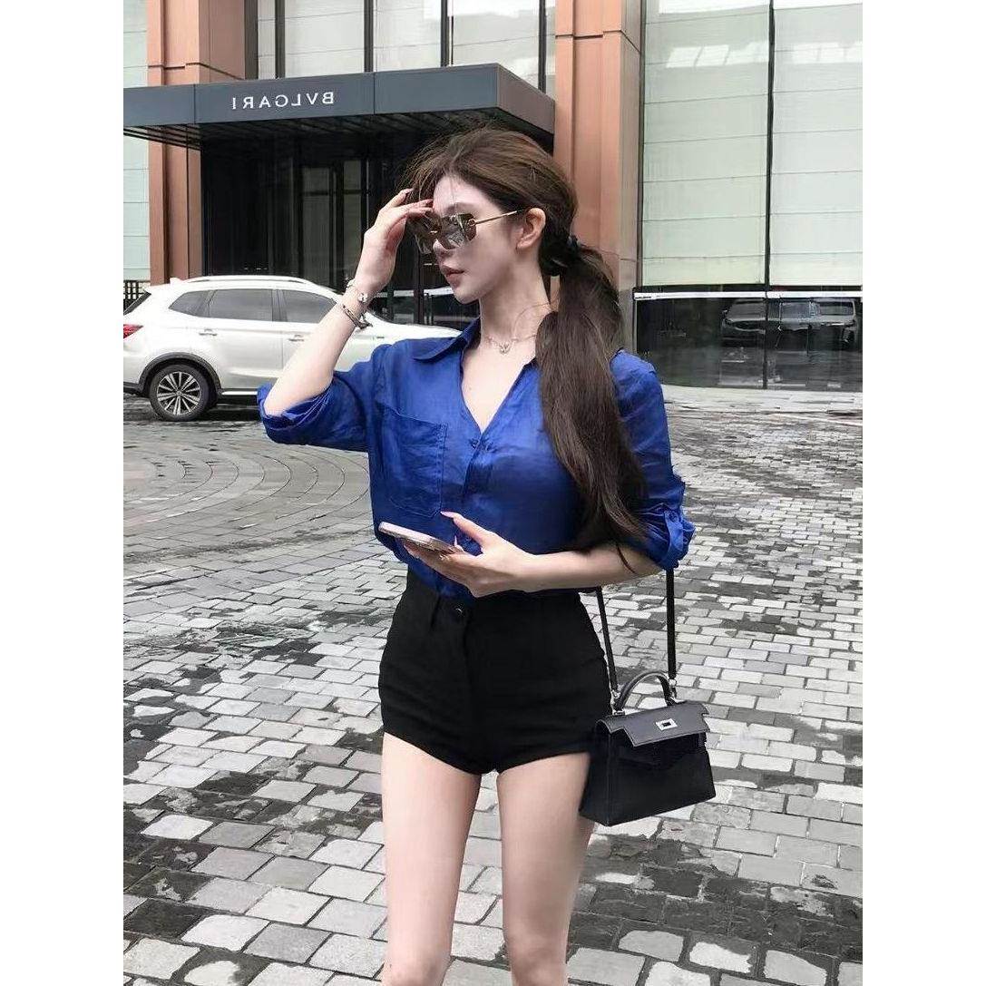 老钱慵懒感克莱因蓝领长袖衬衫女春季新款御姐气质百搭显白上衣