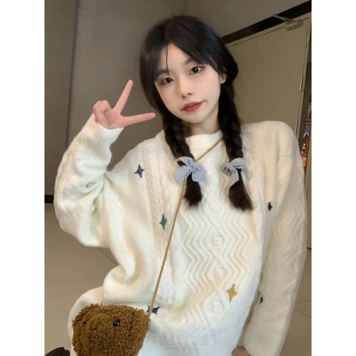 日系复古可爱软糯麻花毛衣女春夏慵懒风宽松套头外穿加厚针织上衣