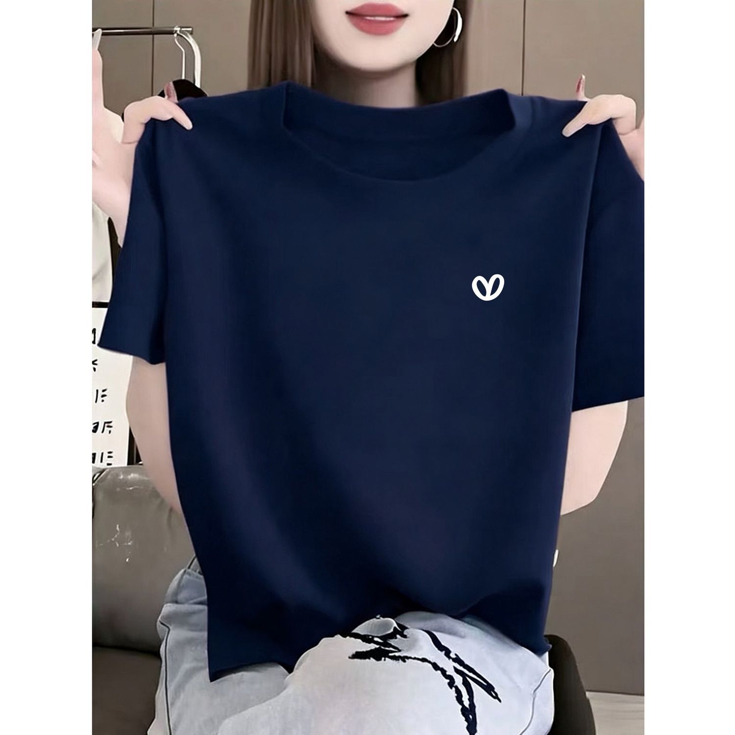 藏蓝色正肩圆领恤短袖女士韩版简约爱心印花棉质高级质感上衣潮