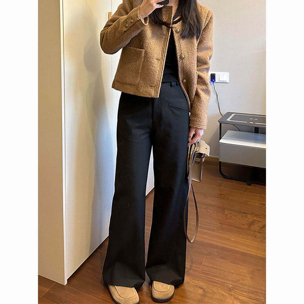 黑色窄版直筒西装裤女春夏大码胖高腰垂感休闲宽松阔腿拖地长裤