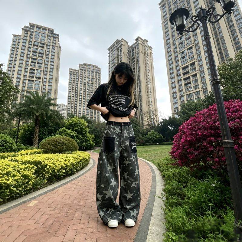 夏拼接口袋阔腿做旧宽松长裤美式裤子复古迷彩星星印花牛仔裤男女