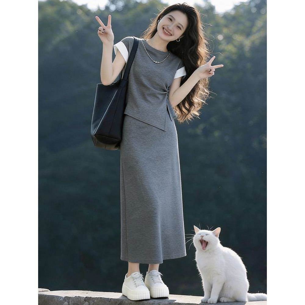 高含棉设计感韩系套装女2026年夏季新款圆领收腰上衣长裙两件套潮