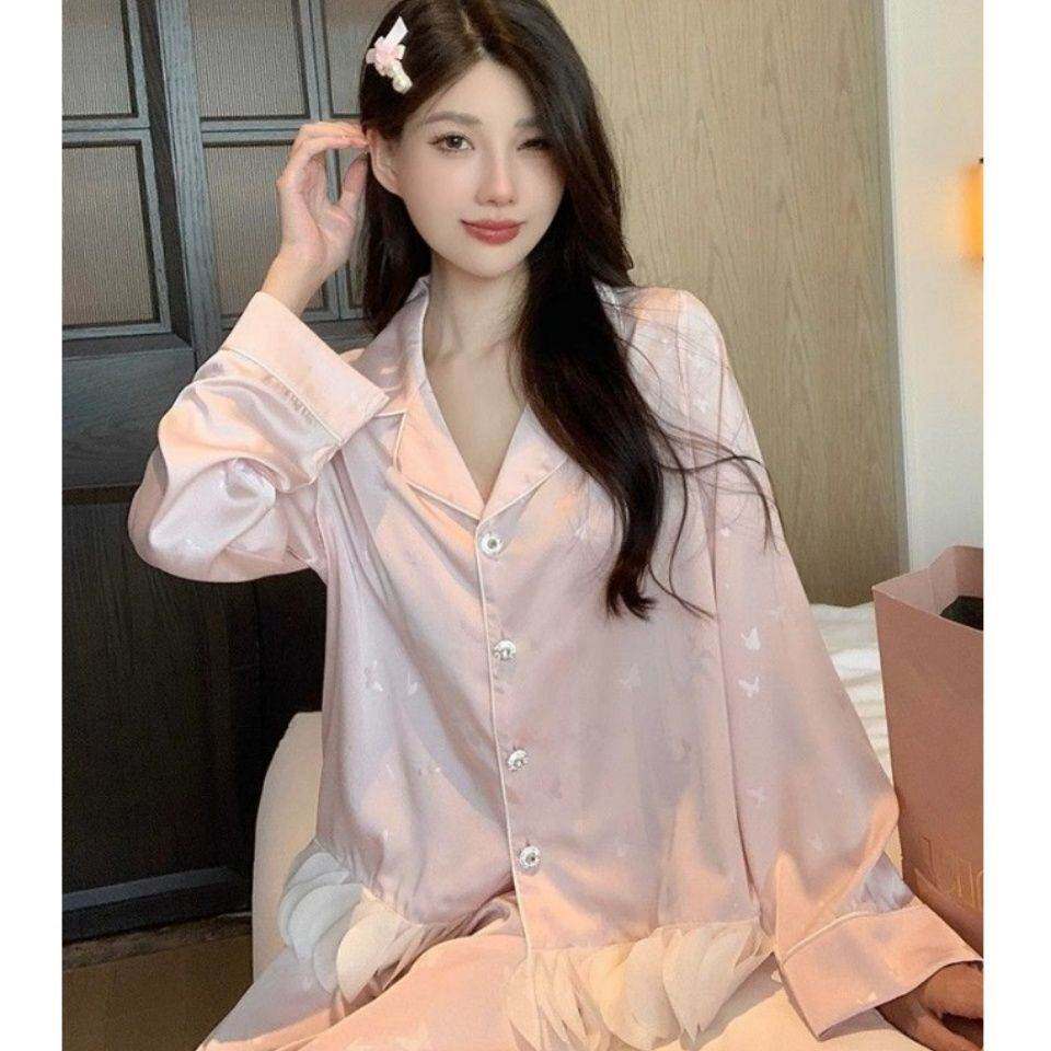 冰丝睡衣女款春春季2026新款蝴蝶印花甜美气质长袖长裤家居服套装