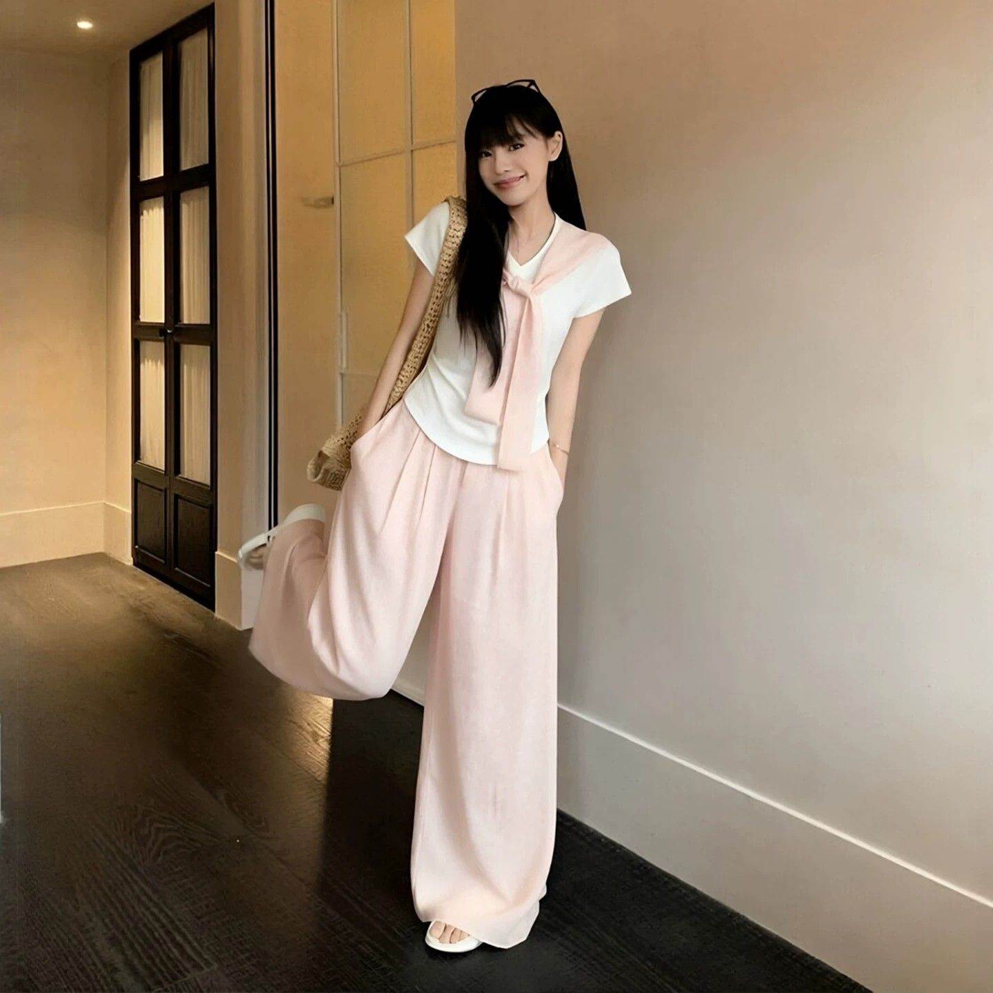 盐系学院风减龄休闲运动套装女夏季韩版假两件上衣阔腿长裤两件套