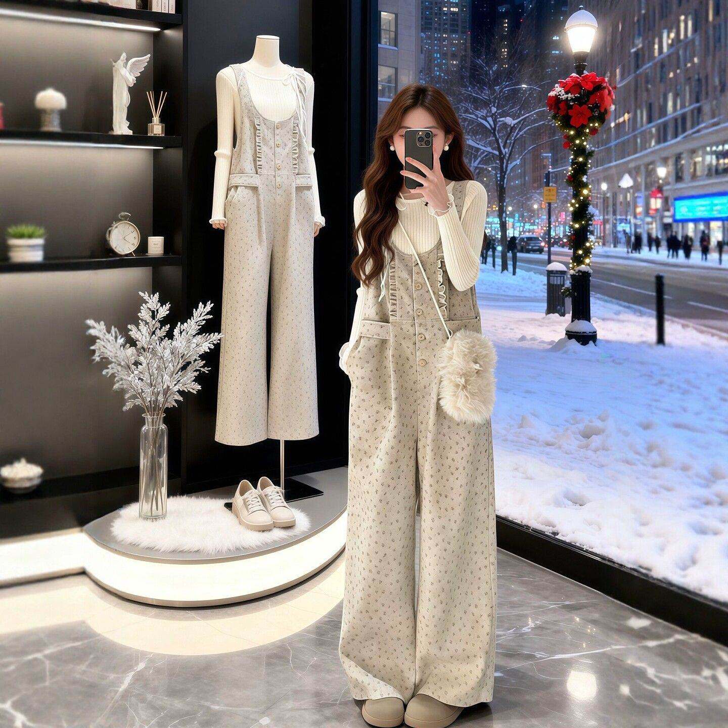 孕妇碎花背带裤套装2026新款春夏款外穿休闲阔腿长裤潮妈两件套女