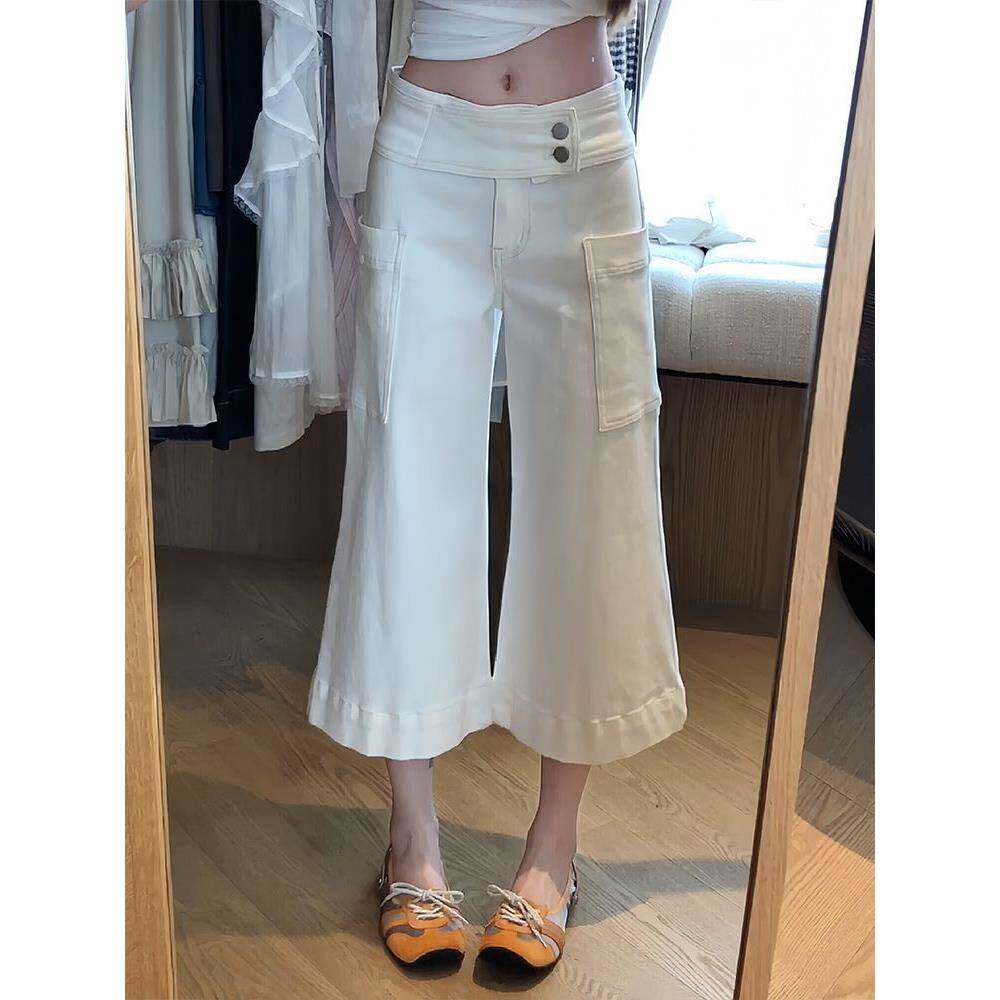 美式高街大口袋设计牛仔裤子女夏季辣妹时尚修身显瘦微喇七分中裤