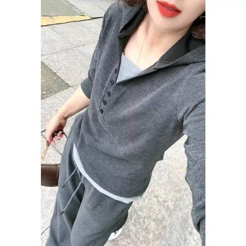 连帽休闲套装女2026春秋新款韩版假两件上衣百搭显瘦直筒裤套装